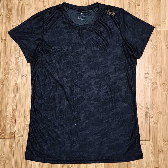 TYR Shirt Womens Large Black Camouflage Short Sleeve Stretch Lightweight Gym Run - Picture 1 of 7